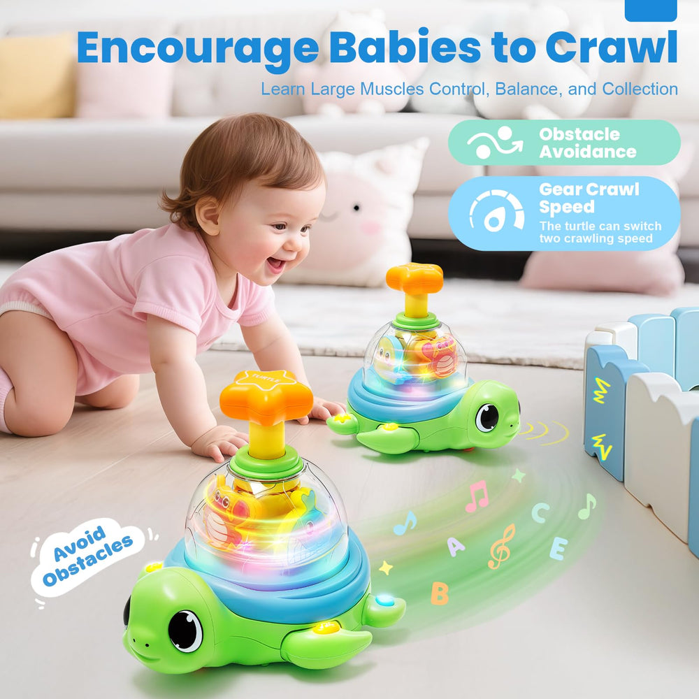 Aigybobo turtle toy buttons teach letters and numbers in a bilingual setup.