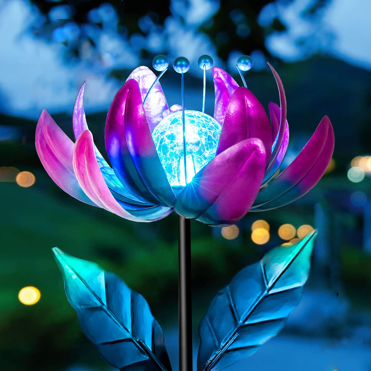 AIINY solar purple metal flower wind spinner adds motion to garden ambience at dusk