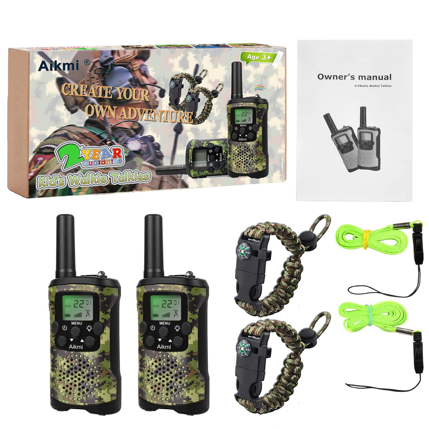 Durable green camo casing on Aikmi walkie talkies for rugged use.