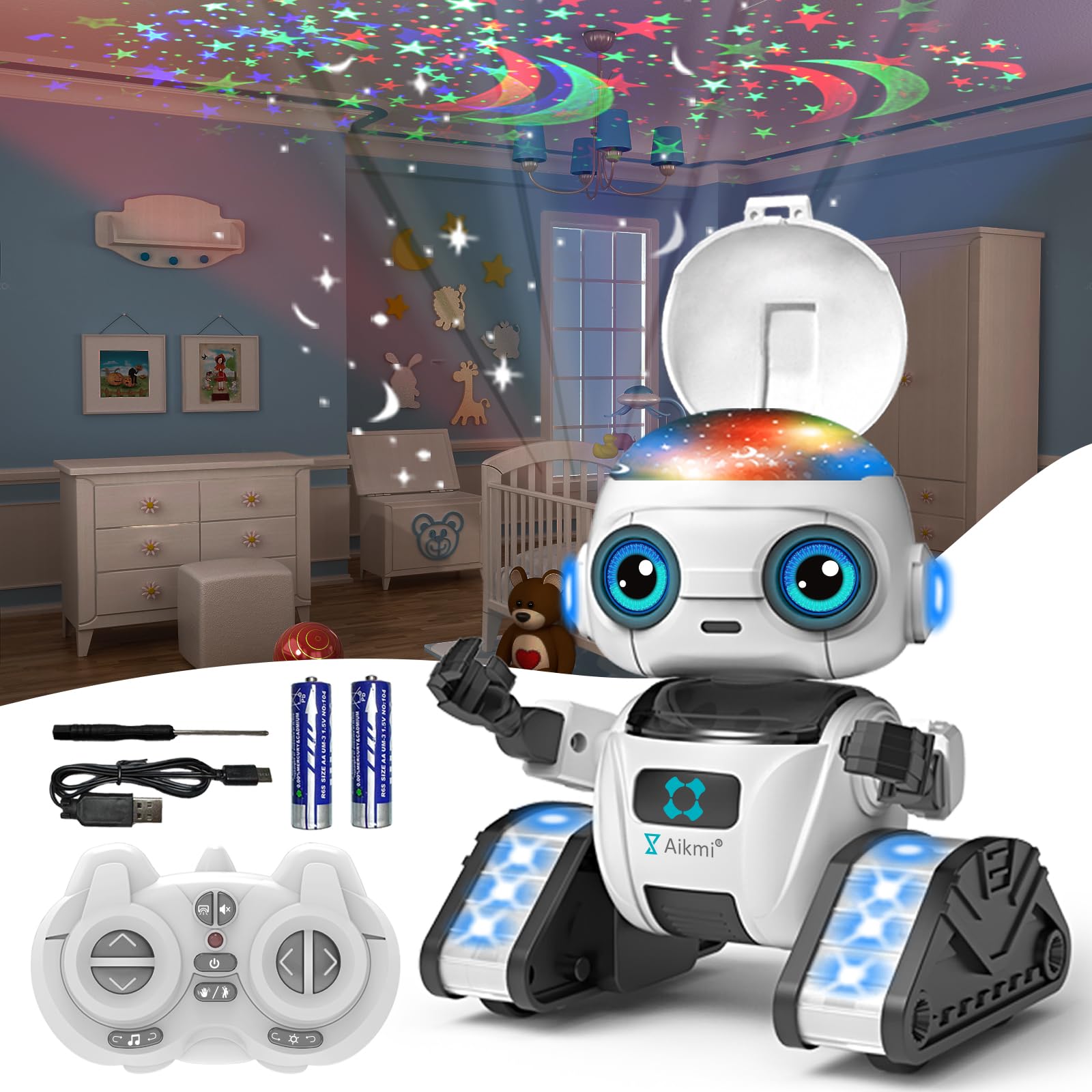 Aikmi robot toy with projector night light enhances bedtime ambiance and imagination.