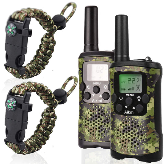 Aikmi walkie talkies camo front view with 22 channels for safe outdoor play