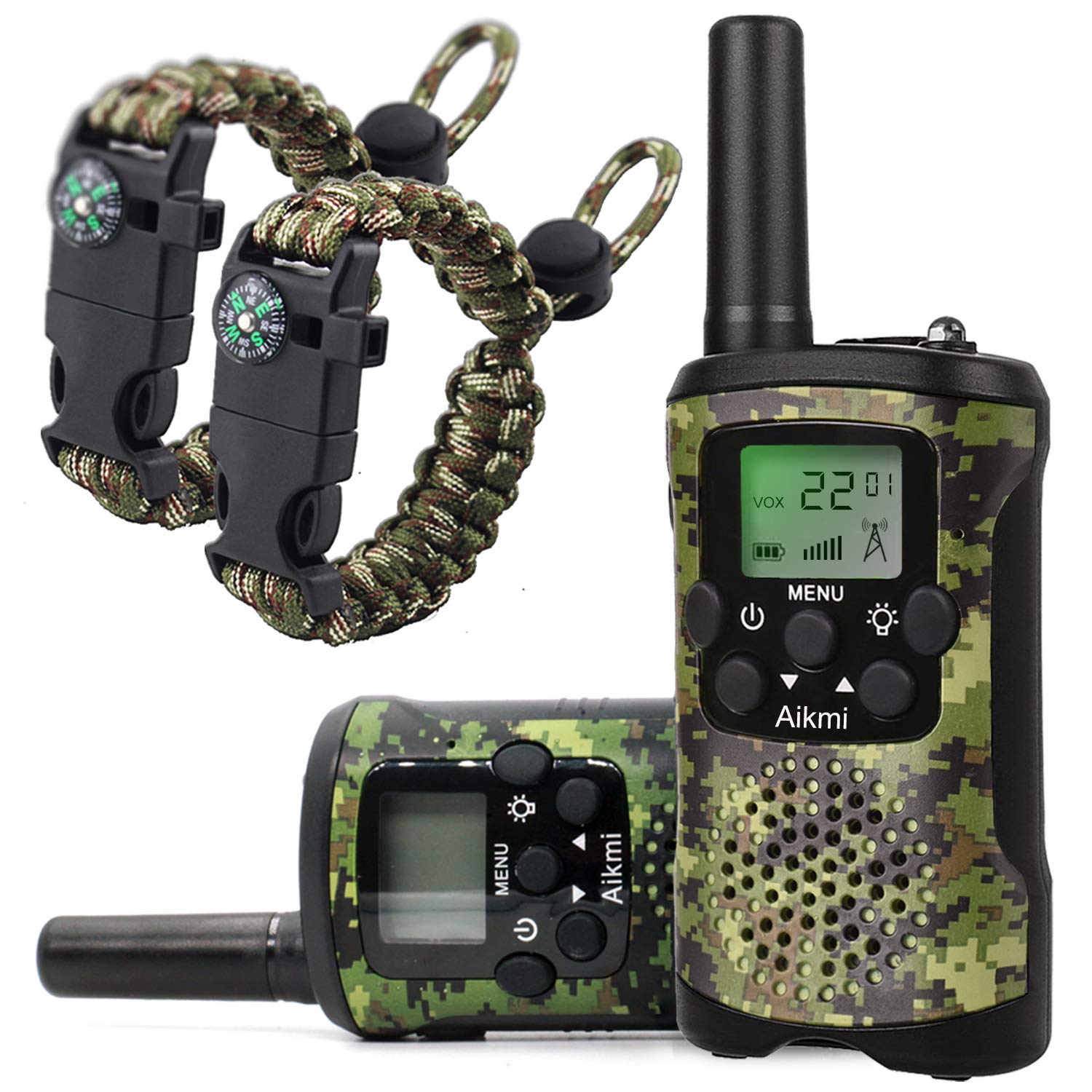 Aikmi walkie talkies in green camo ready for outdoor adventures.