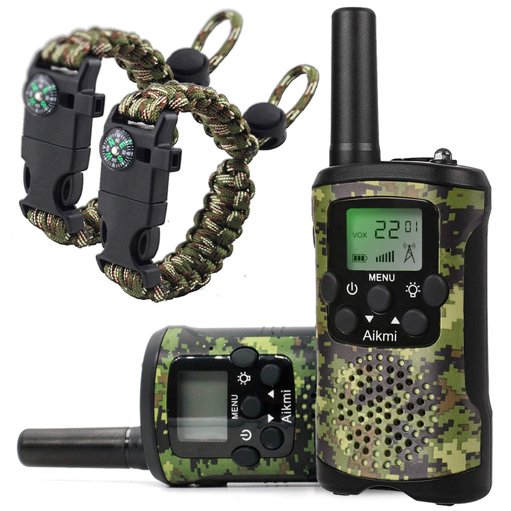 Aikmi walkie talkies in green camo ready for outdoor adventures.