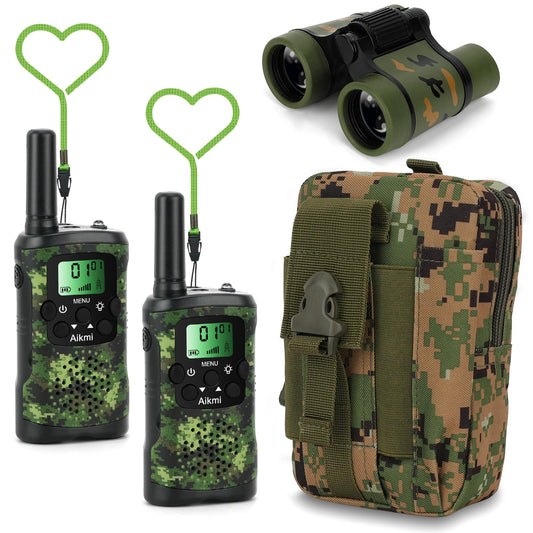 Aikmi walkie talkies for kids in a forest setting for outdoor play and teamwork
