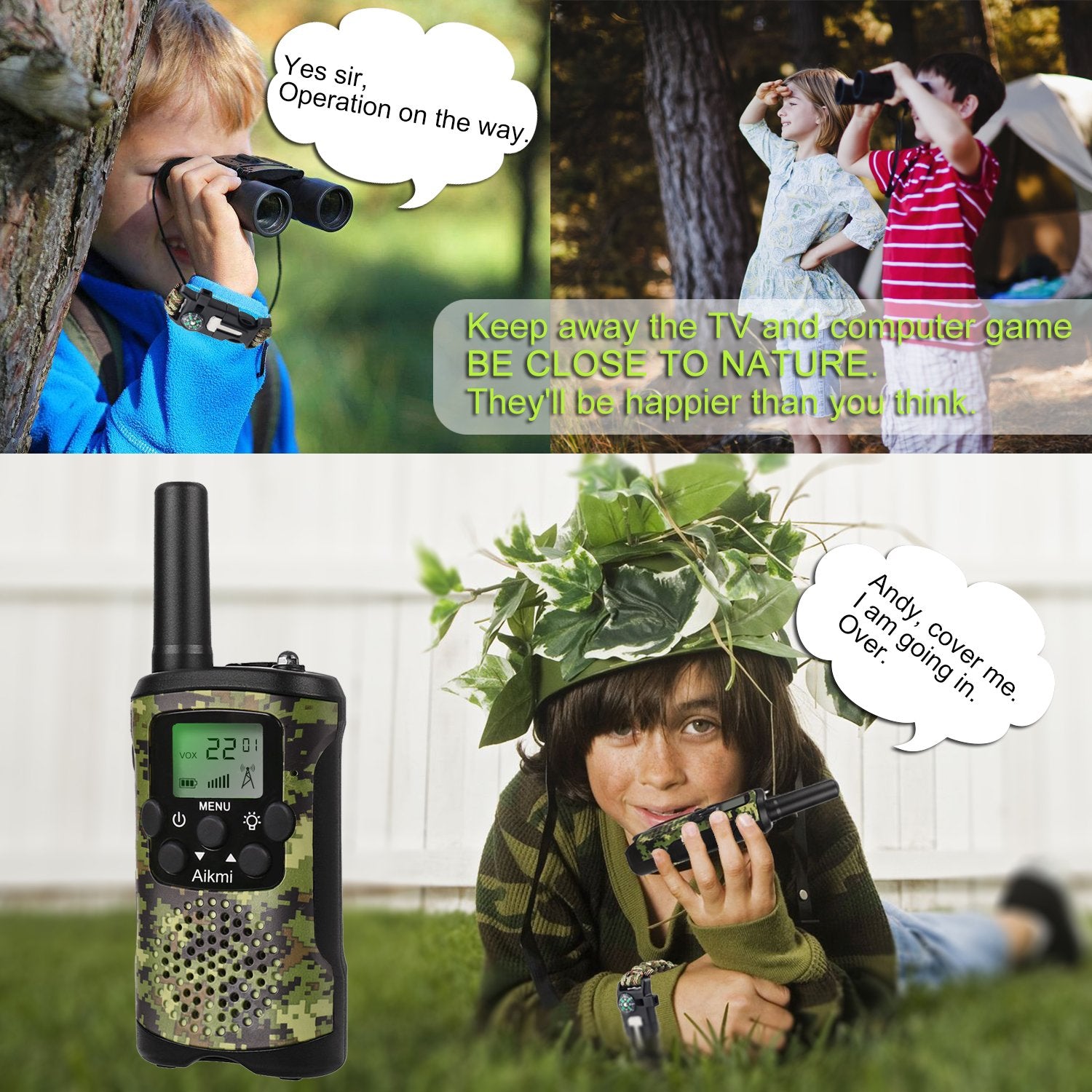Children with Aikmi walkie talkies during camping encourages teamwork.