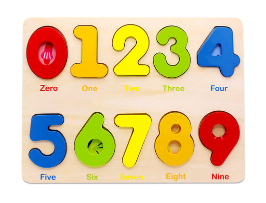 AILE wooden number puzzle board with colorful pieces for early counting.
