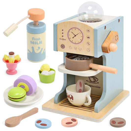 Aimafun wooden coffee maker toy with a realistic dial for immersive pretend play.