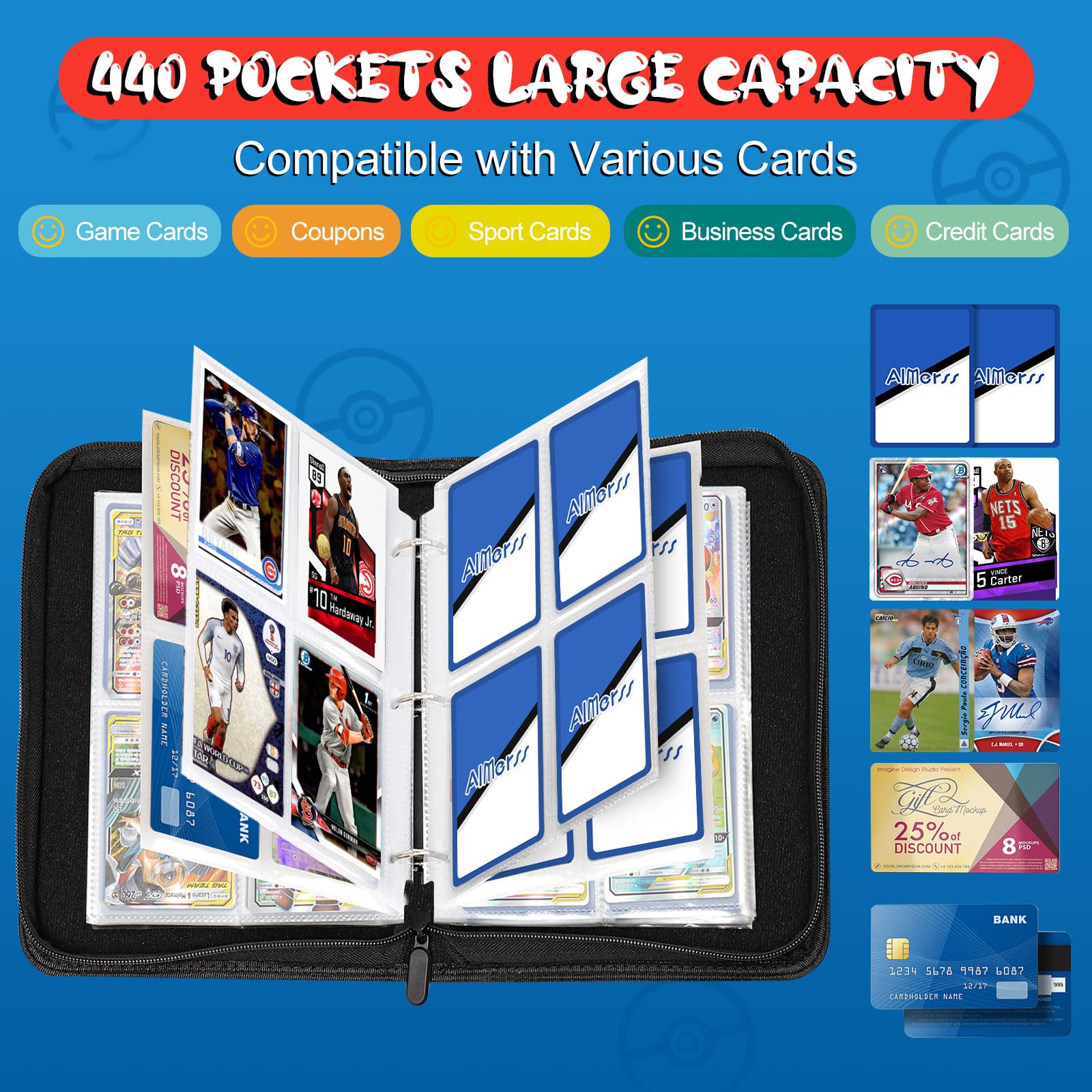 AIMerss four-pocket pages enable fast card access.