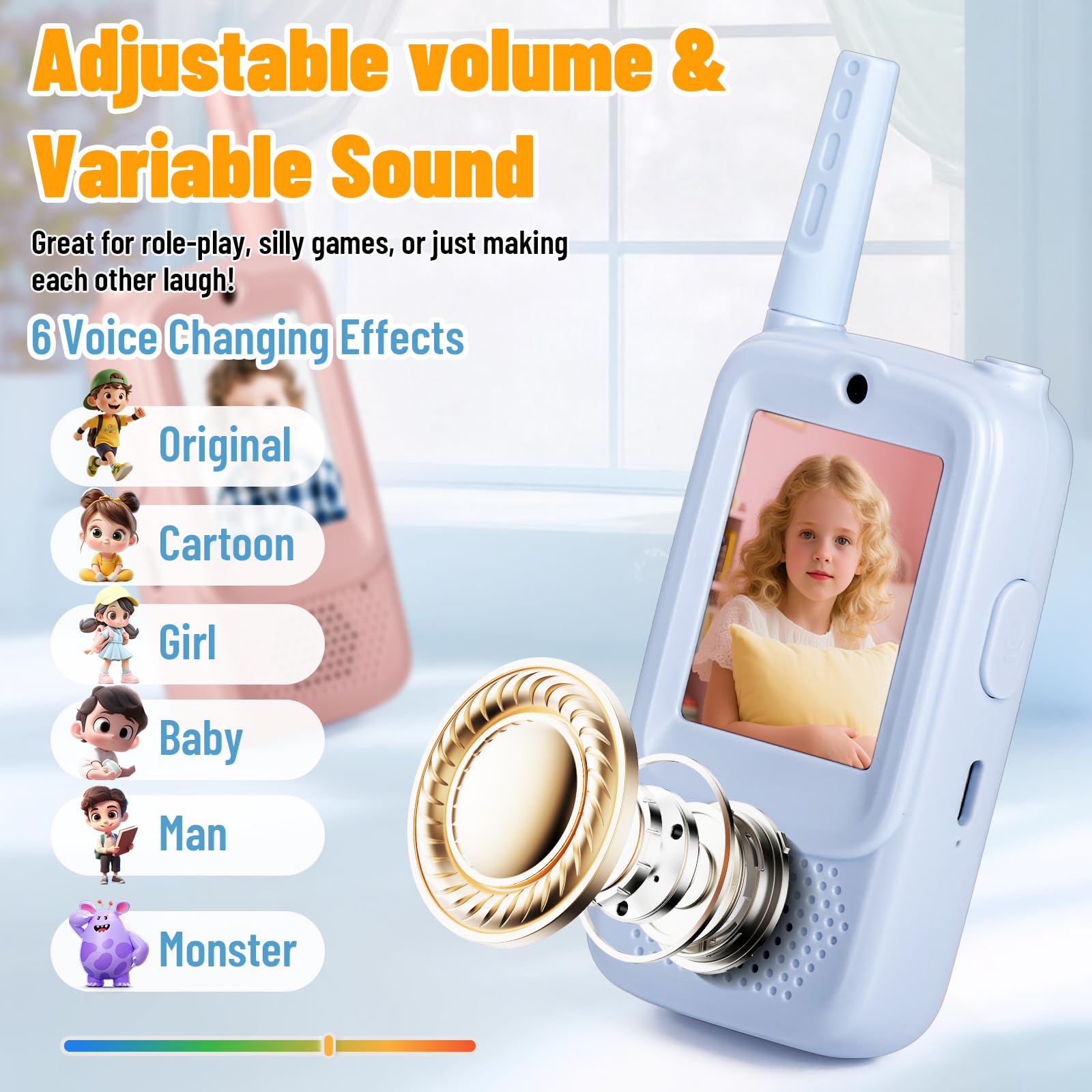 AIMINLRRN kids' walkie talkies feature six voice effects for playful role-play.
