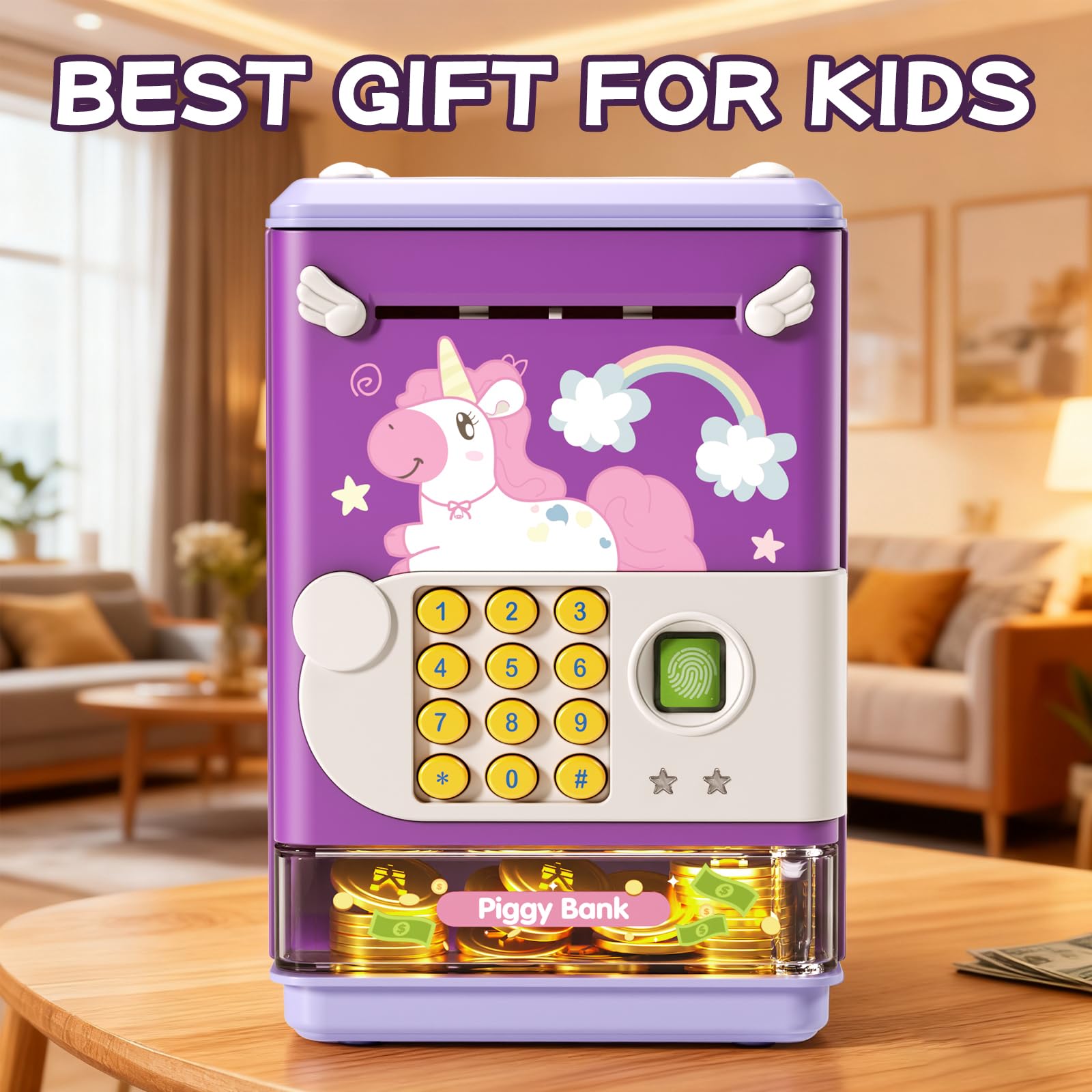 Aiqi piggy bank toy compact size fits desks and nightstands.