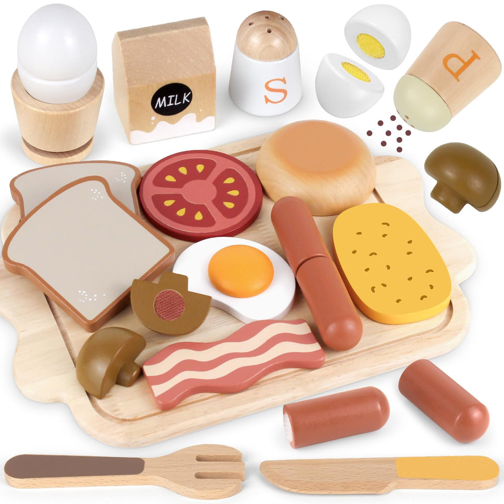 Airlab breakfast cutting playset—wooden food for imaginative pretend play.