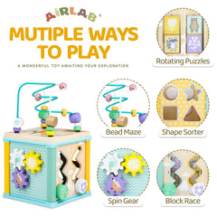Airlab rotating-puzzle cube encourages problem-solving through color and shape recognition during play.