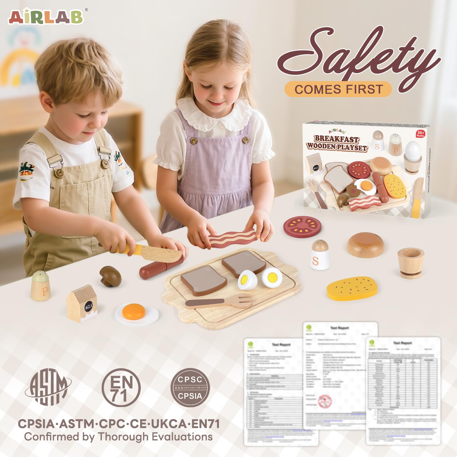 Airlab serving tray wooden kitchen accessory keeps toy foods organized.
