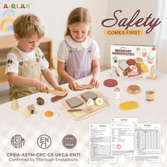 Airlab serving tray wooden kitchen accessory keeps toy foods organized.