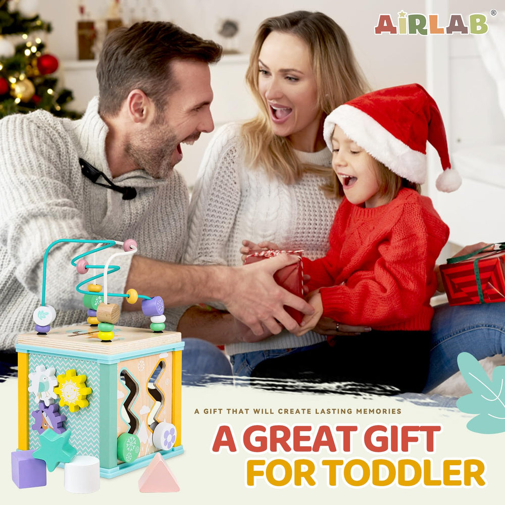 Airlab tabletop-friendly cube sits securely during upright play on a sturdy surface.