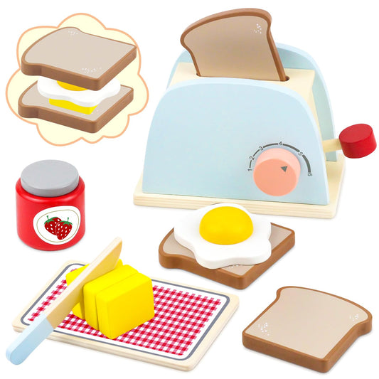 Airlab wooden toaster toy sparks imaginative pretend breakfast in a kid's play kitchen.