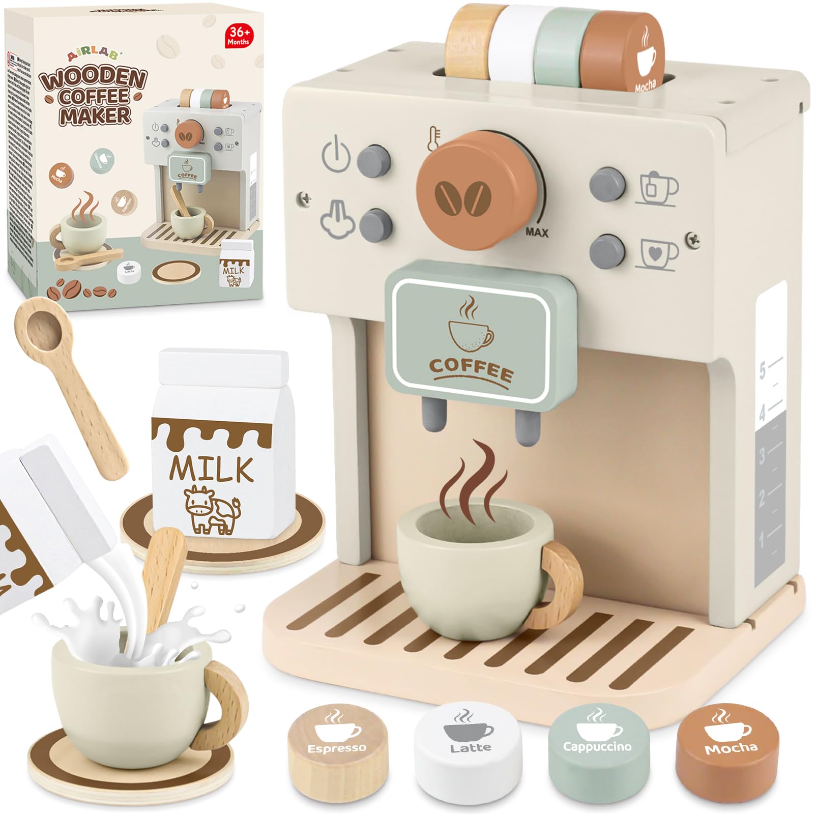 Airlab toy coffee maker set shown as a complete wooden kitchen playset encouraging imaginative play.