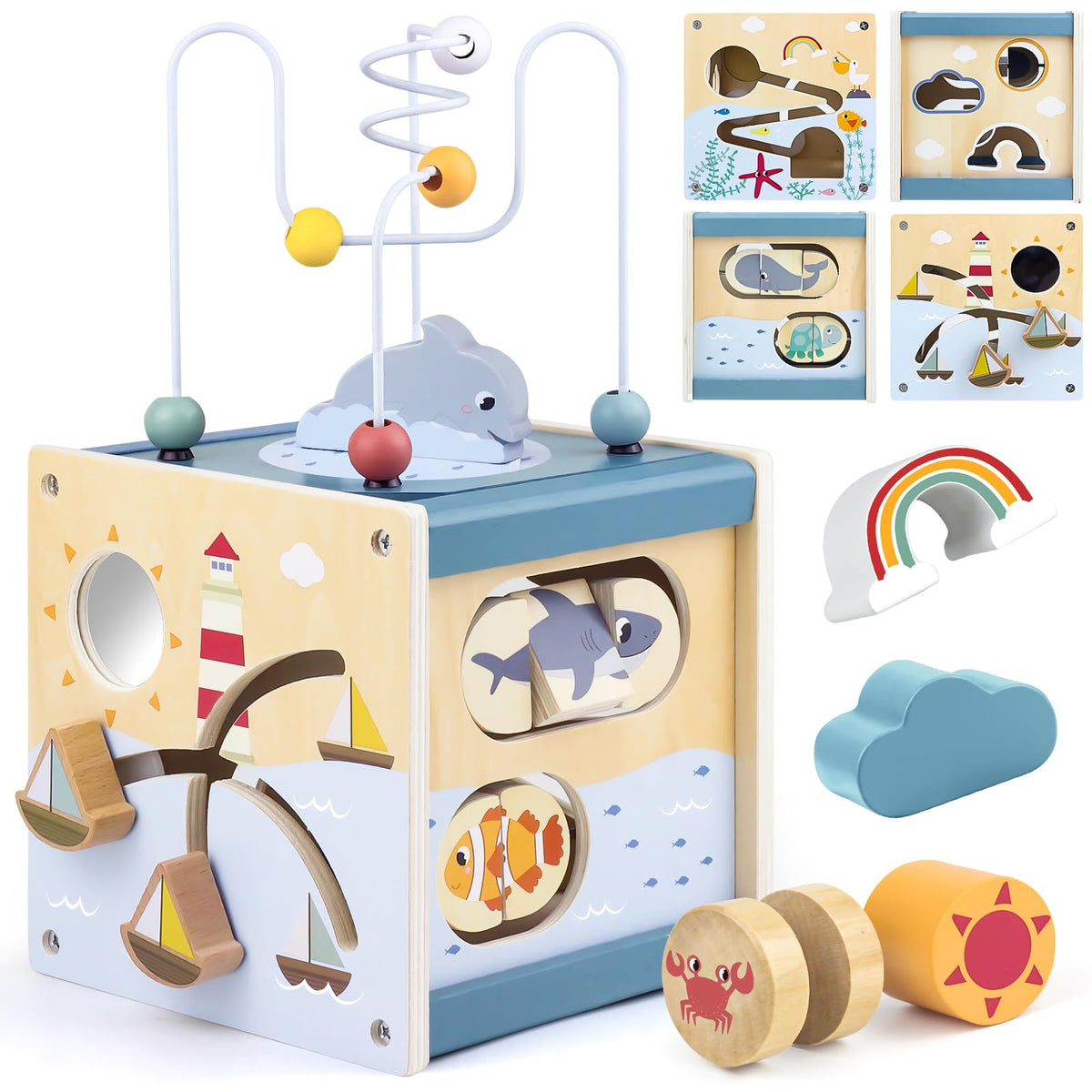Airlab wooden activity cube with bead maze stimulates fine motor skills