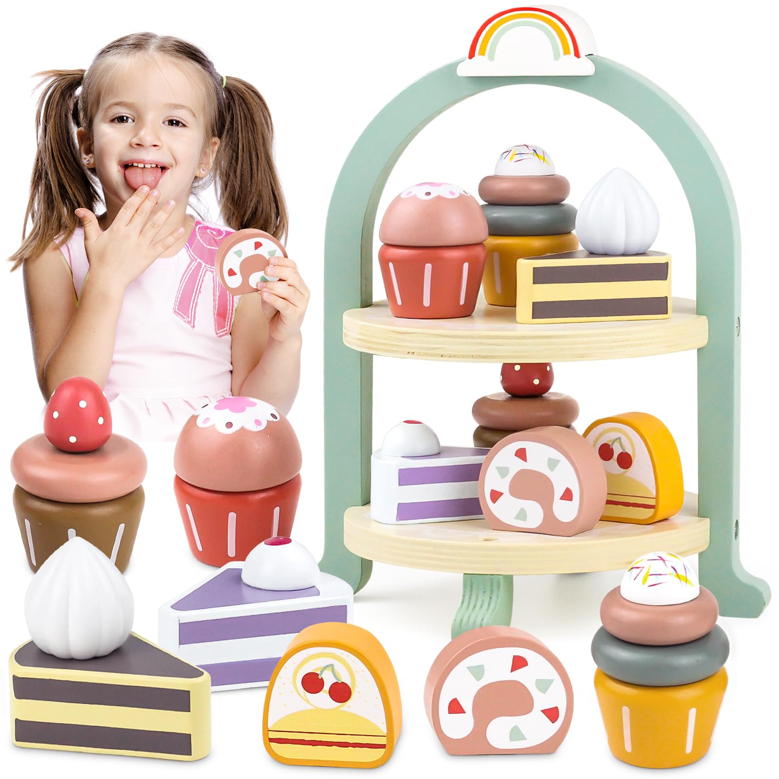 Airlab wooden cupcake stand enhances imaginative tea party play and fine motor skills