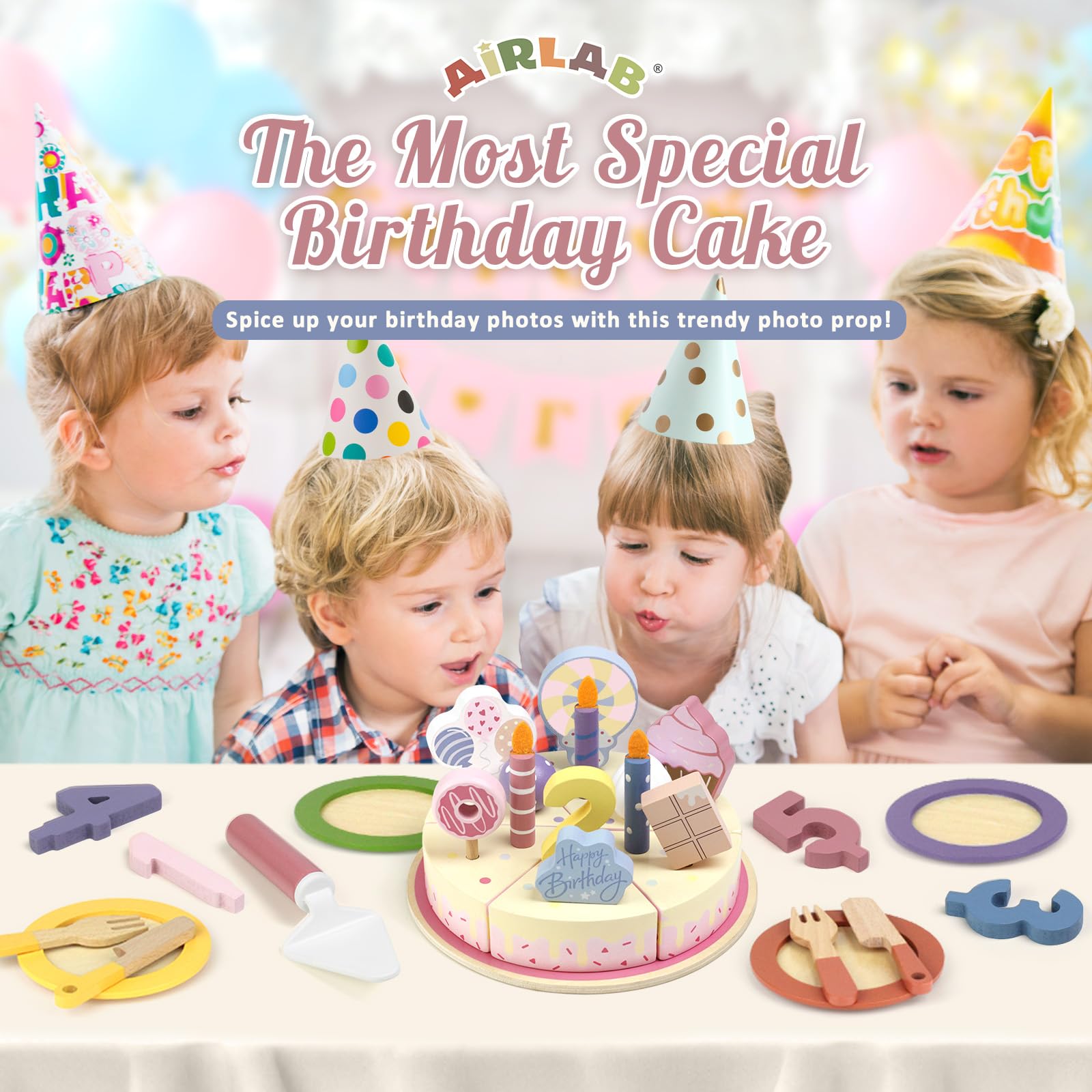 Airlab wooden party cake assembly shows how the set connects for dynamic play
