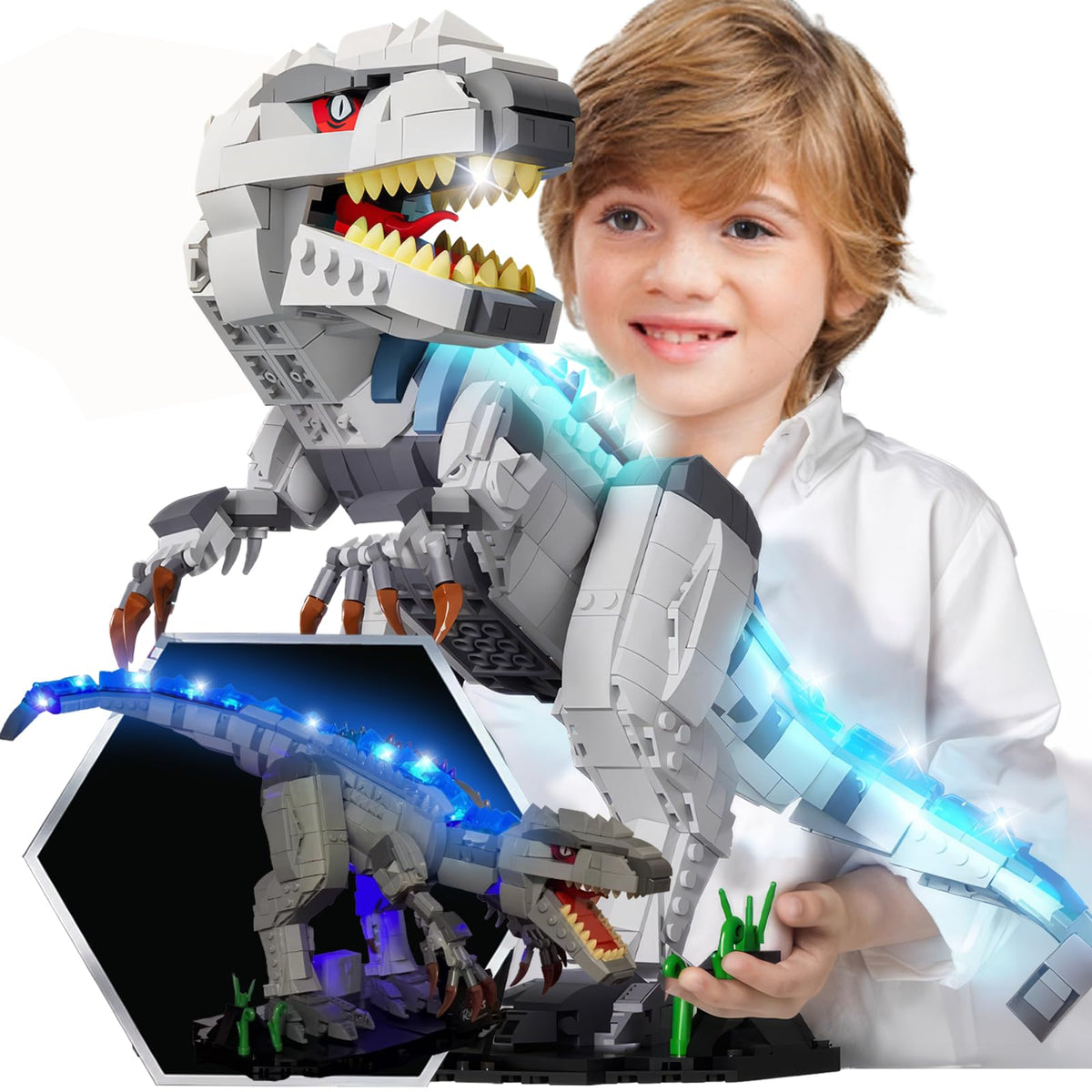 Airney glowing tyrannosaur building set with LED glow for imaginative play