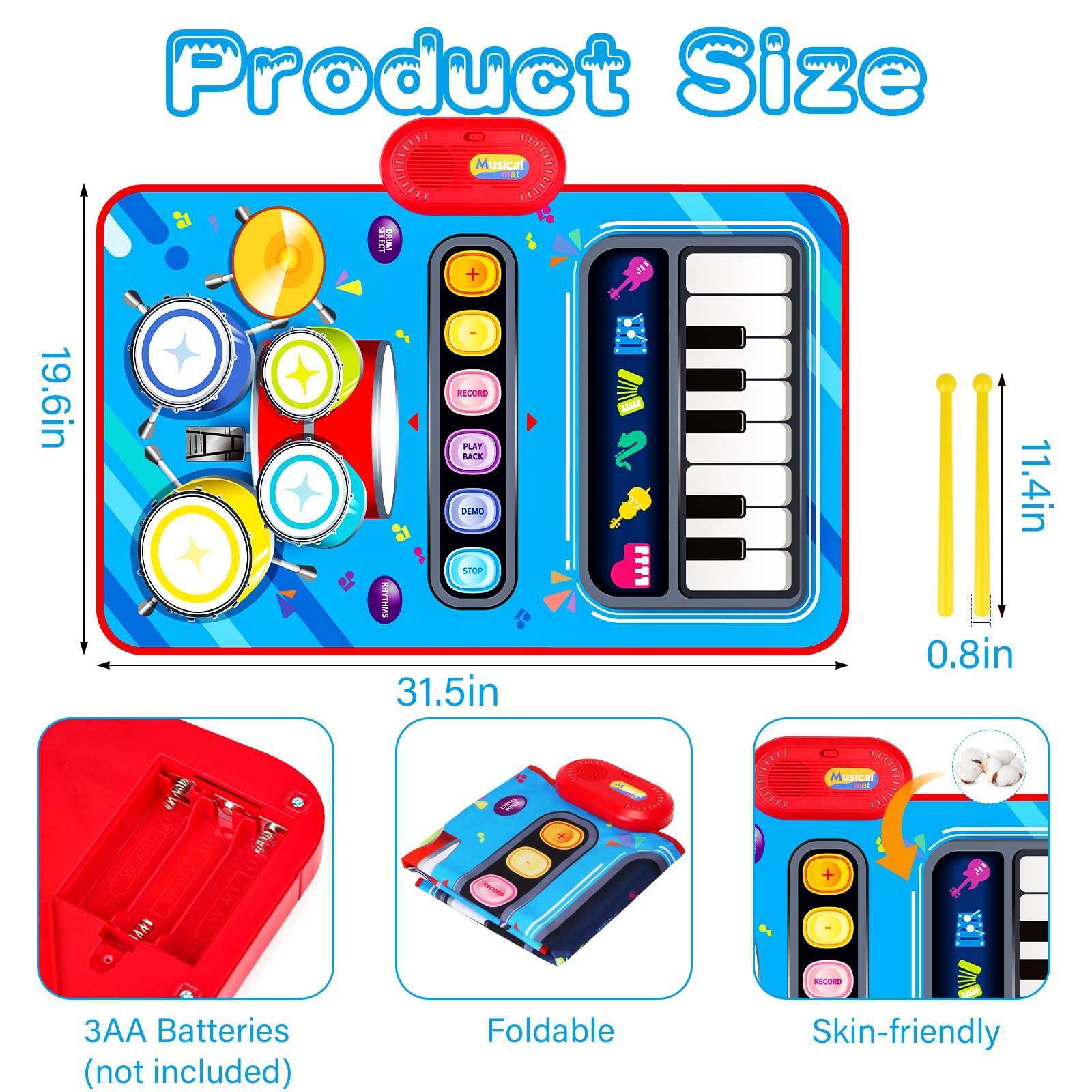 Aitbay Baby Music Mat includes two drumsticks for drum play