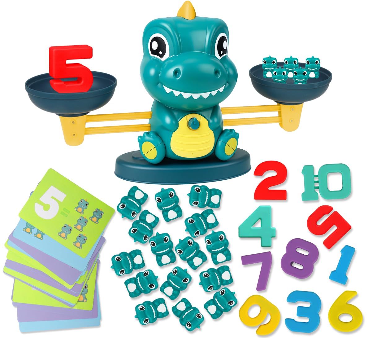 Aitbay dinosaur balance-scale setup promoting early counting and coordination