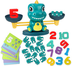 Aitbay dinosaur balance-scale setup promoting early counting and coordination