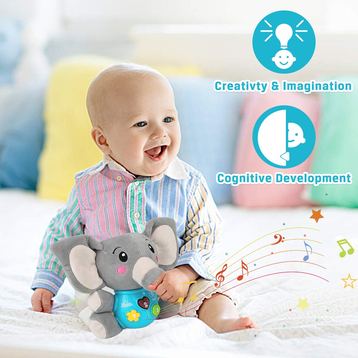 Aitbay elephant music toy with buttons and lights for infant engagement.
