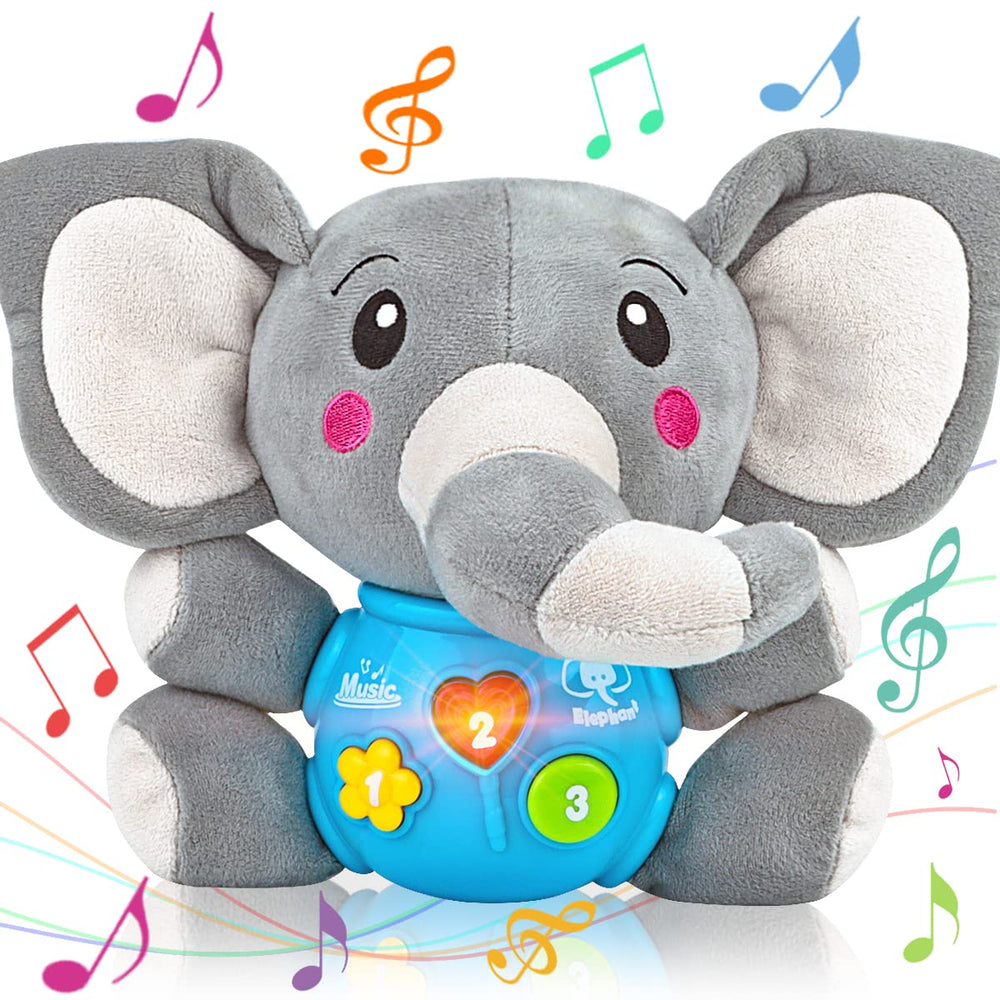Aitbay plush elephant music toy close-up, showing soft fabric for soothing baby play.