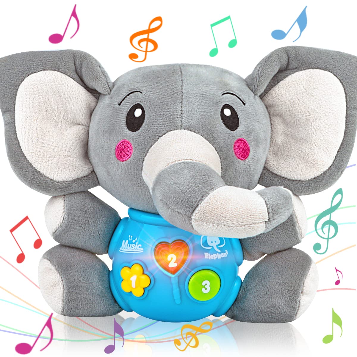 Aitbay plush elephant music toy close-up, showing soft fabric for soothing baby play.