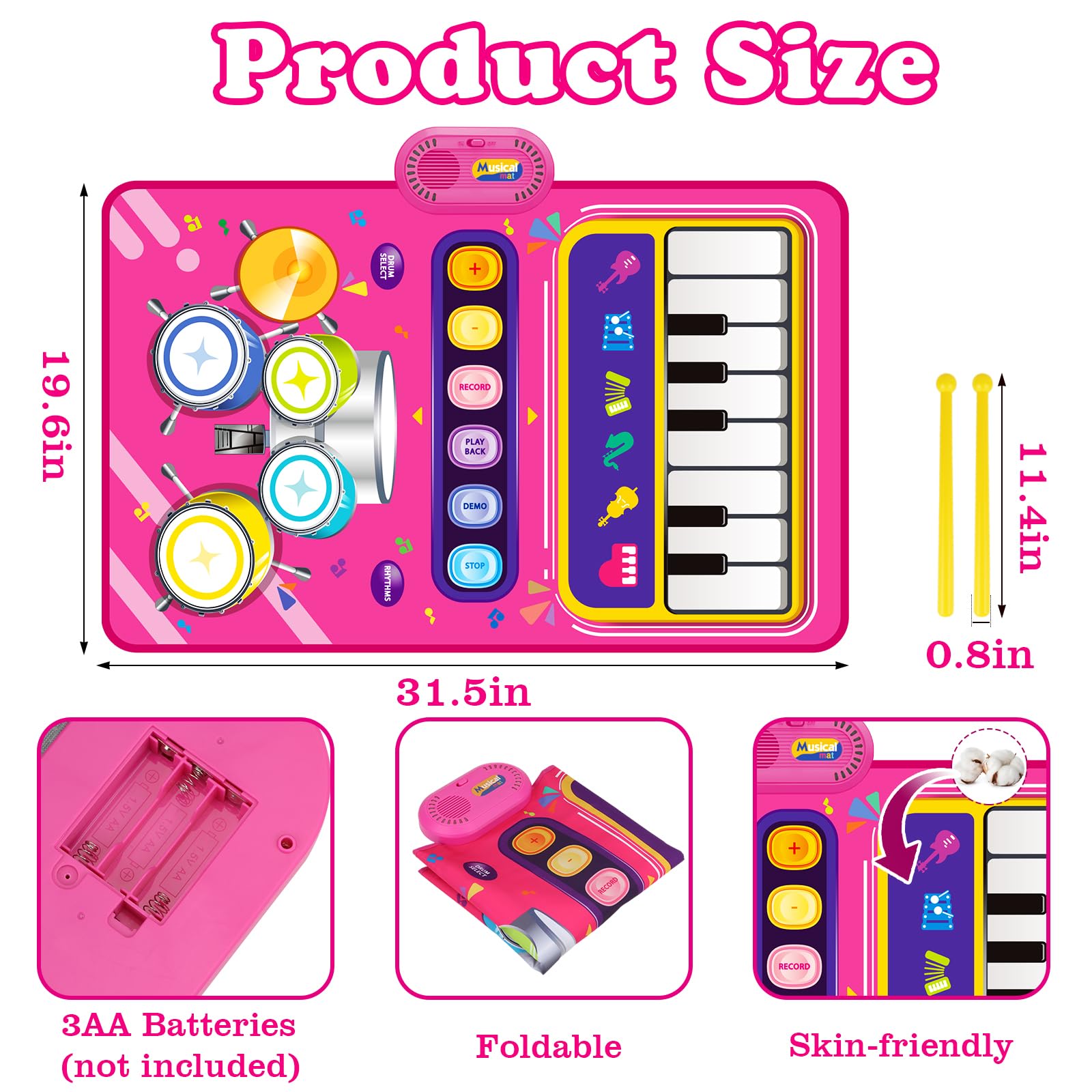 Aitbay piano mat drum side with sticks invites rhythm play.