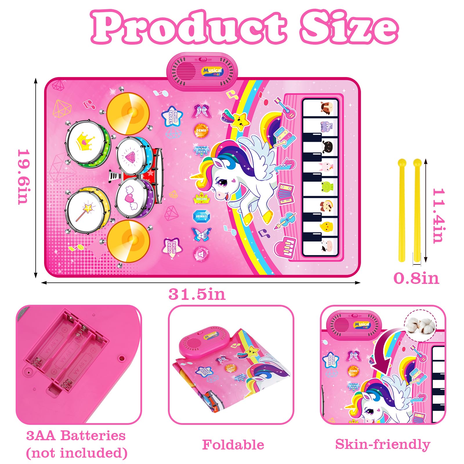 Aitbay Unicorn Music Mat shows instrument sounds on the piano section.