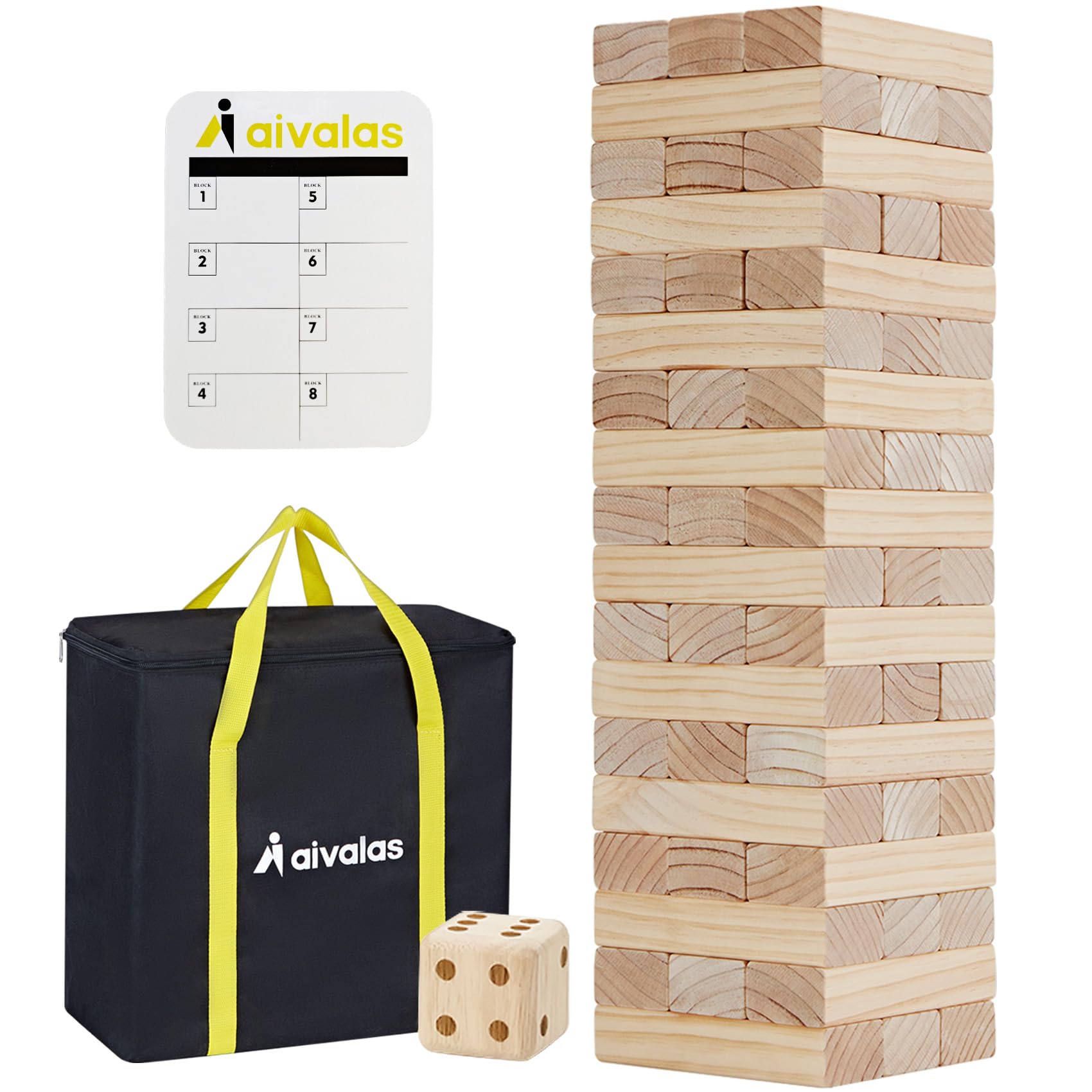 Aivalas giant tumble tower blocks stacked outdoors for family balance and strategy.