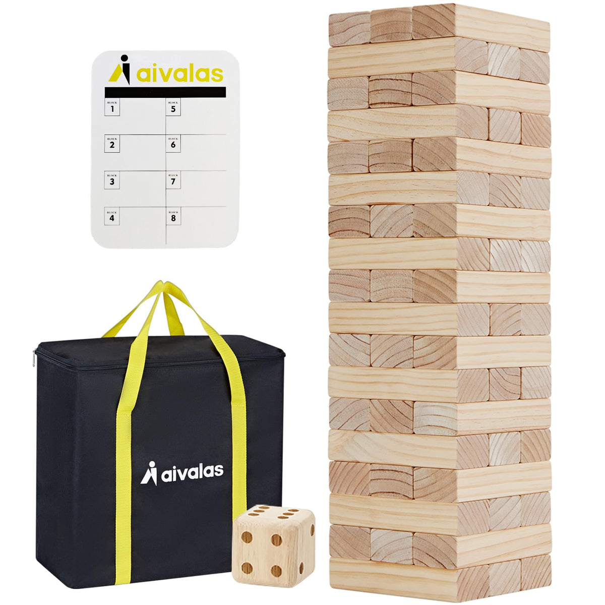 Aivalas giant tumble tower blocks stacked outdoors for family balance and strategy.