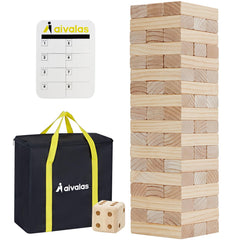 Aivalas giant tumble tower blocks stacked outdoors for family balance and strategy.