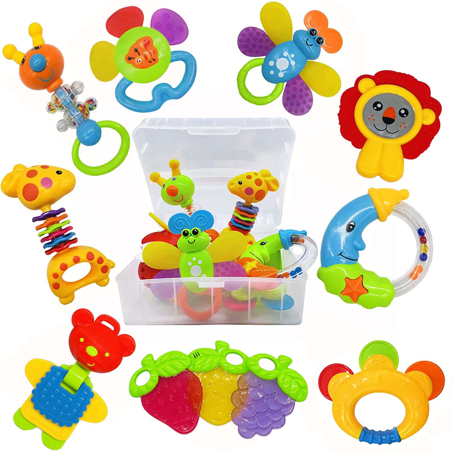 AIVIAI Baby Toys 11pcs storage box keeps rattles organized for easy travel.