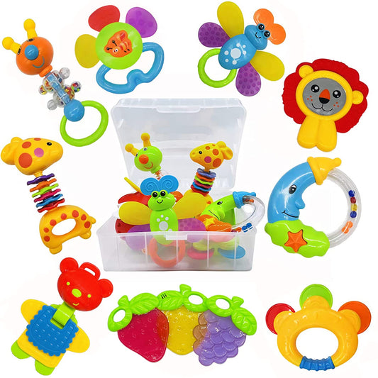 AIVIAI Baby Toys 11pcs storage box keeps rattles organized for easy travel.