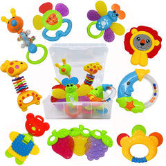AIVIAI Baby Toys 11pcs storage box keeps rattles organized for easy travel.
