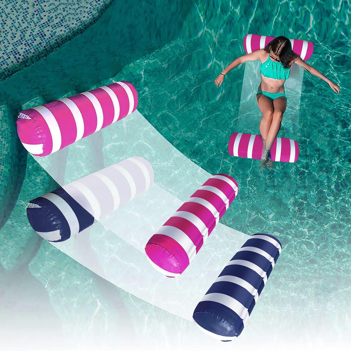 AIWAN LEZHI navy pool float hammock for relaxed lounging in sunny water.