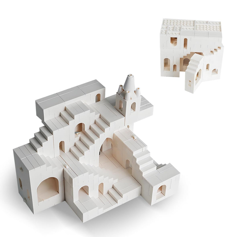 AIYIMUSIDEEN Magic Maze Castle assembly showing interlocking bricks for imaginative play and spatial thinking