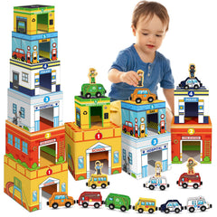 Aizweb magnetic wooden vehicle stacking set with magnets promotes imaginative building and fine motor skills.