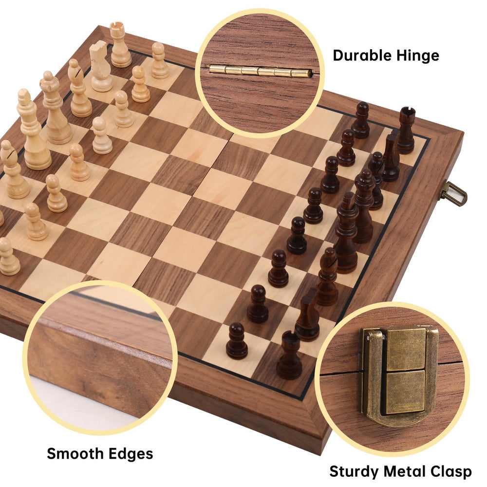 Ajedrez wooden magnetic chess pieces with walnut finish for stable setup.