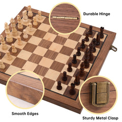 Ajedrez wooden magnetic chess pieces with walnut finish for stable setup.