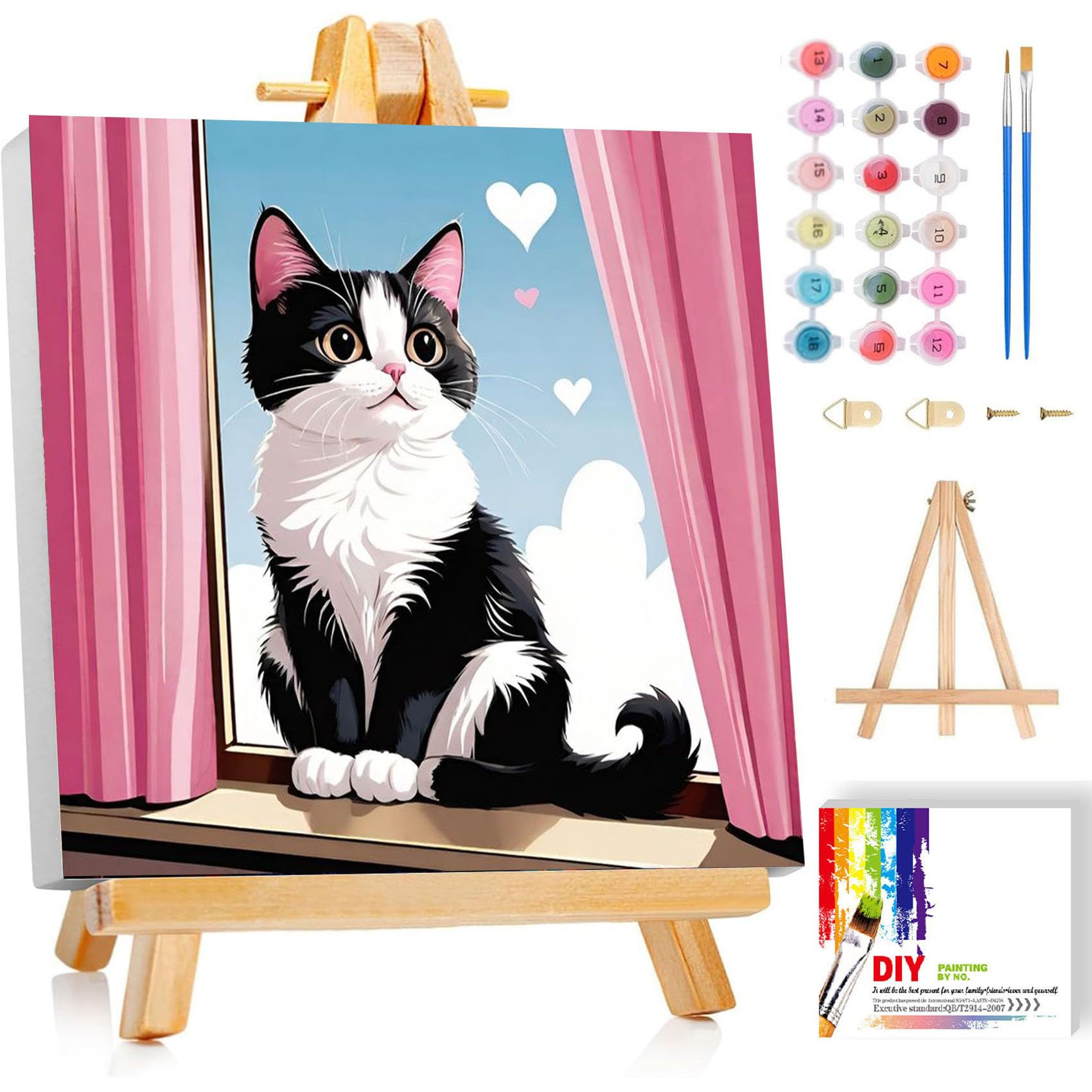 Ajepon cat paint by numbers kit with frame, easy start for kids.