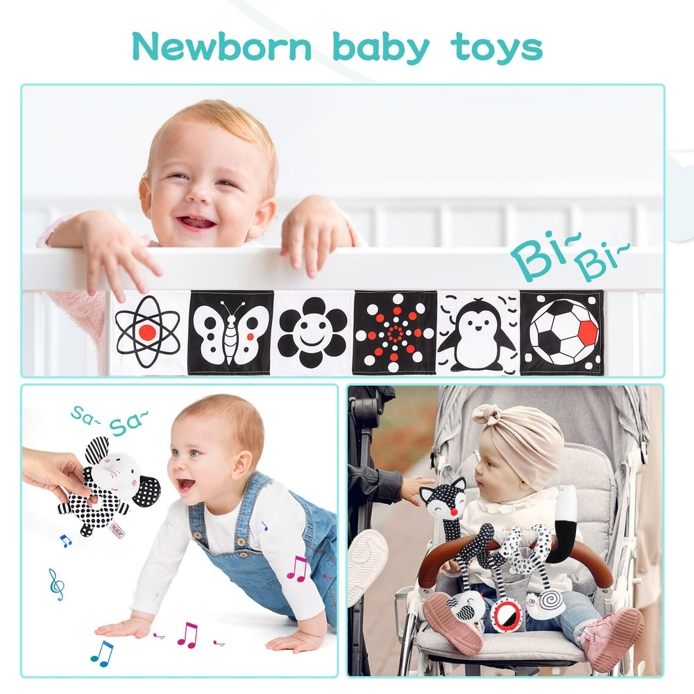 AJsupojouet baby interacting with the car seat toy for calm engagement.
