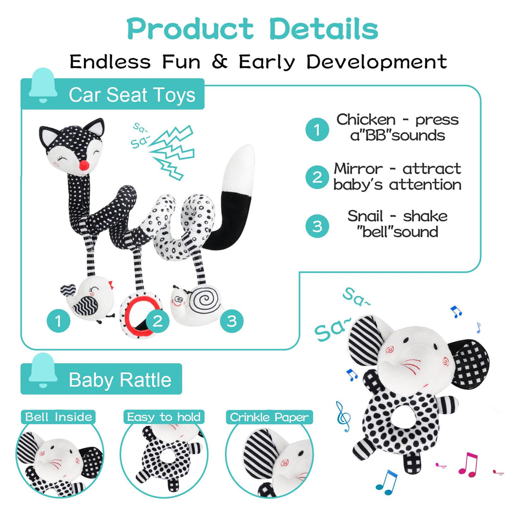 AJsupojouet high-contrast rattle mobile promotes visual tracking and soothing play.