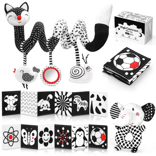 AJsupojouet high-contrast car seat toy with chick, mirror, and snail to engage newborn vision.
