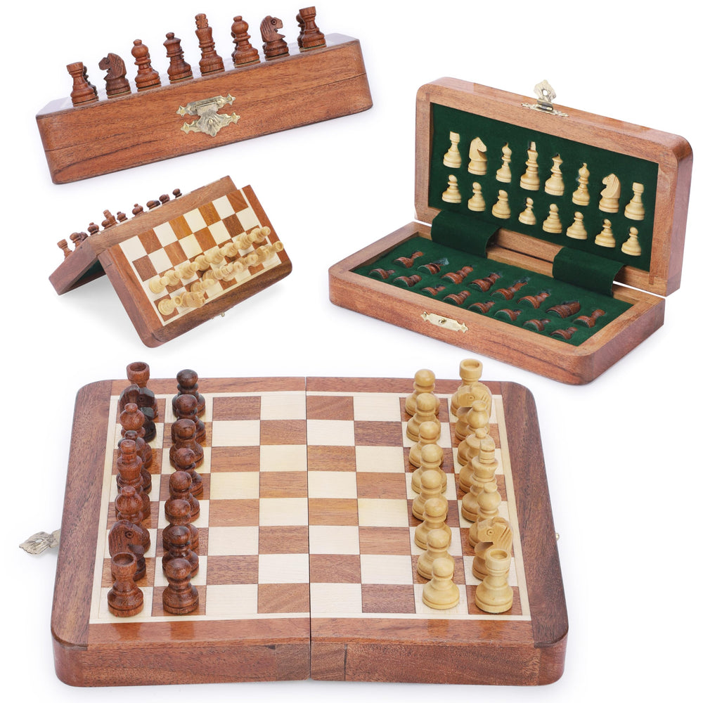 Ajuny acacia wood magnetic travel chess board in polished finish for on-the-go play