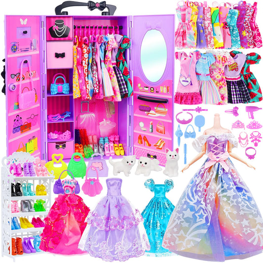 AK KYC girl doll closet wardrobe with dresses and shoes for creative play.